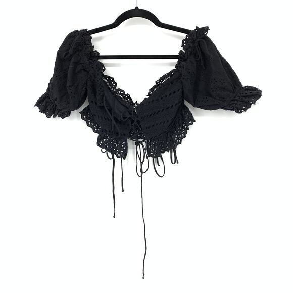For Love & Lemons Crop Top Women's Sz Small Black Annabelle Lace Up Eyelet Lace - Picture 1 of 5